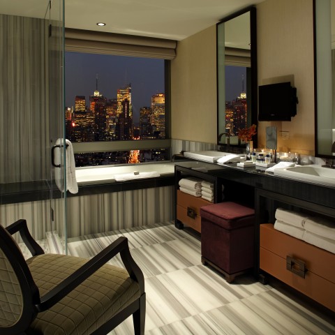 a bathroom with a view of a city