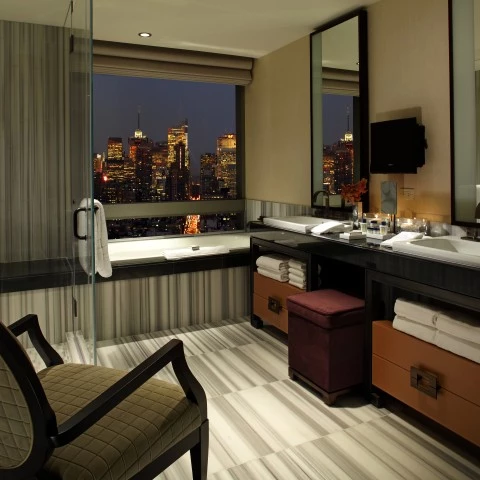 a bathroom with a view of a city