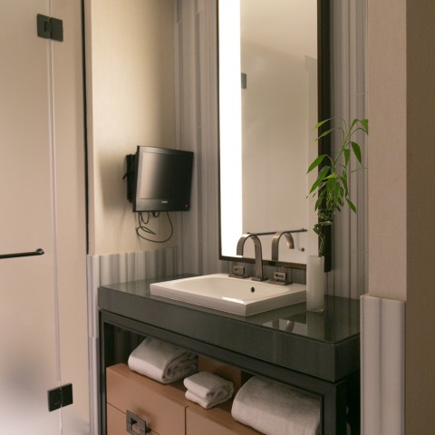 a bathroom with a mirror and sink