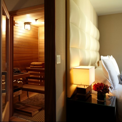 a room with a sauna and a bed