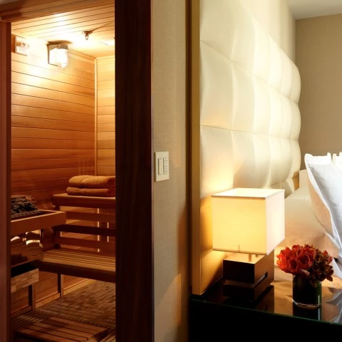 a room with a sauna and a bed