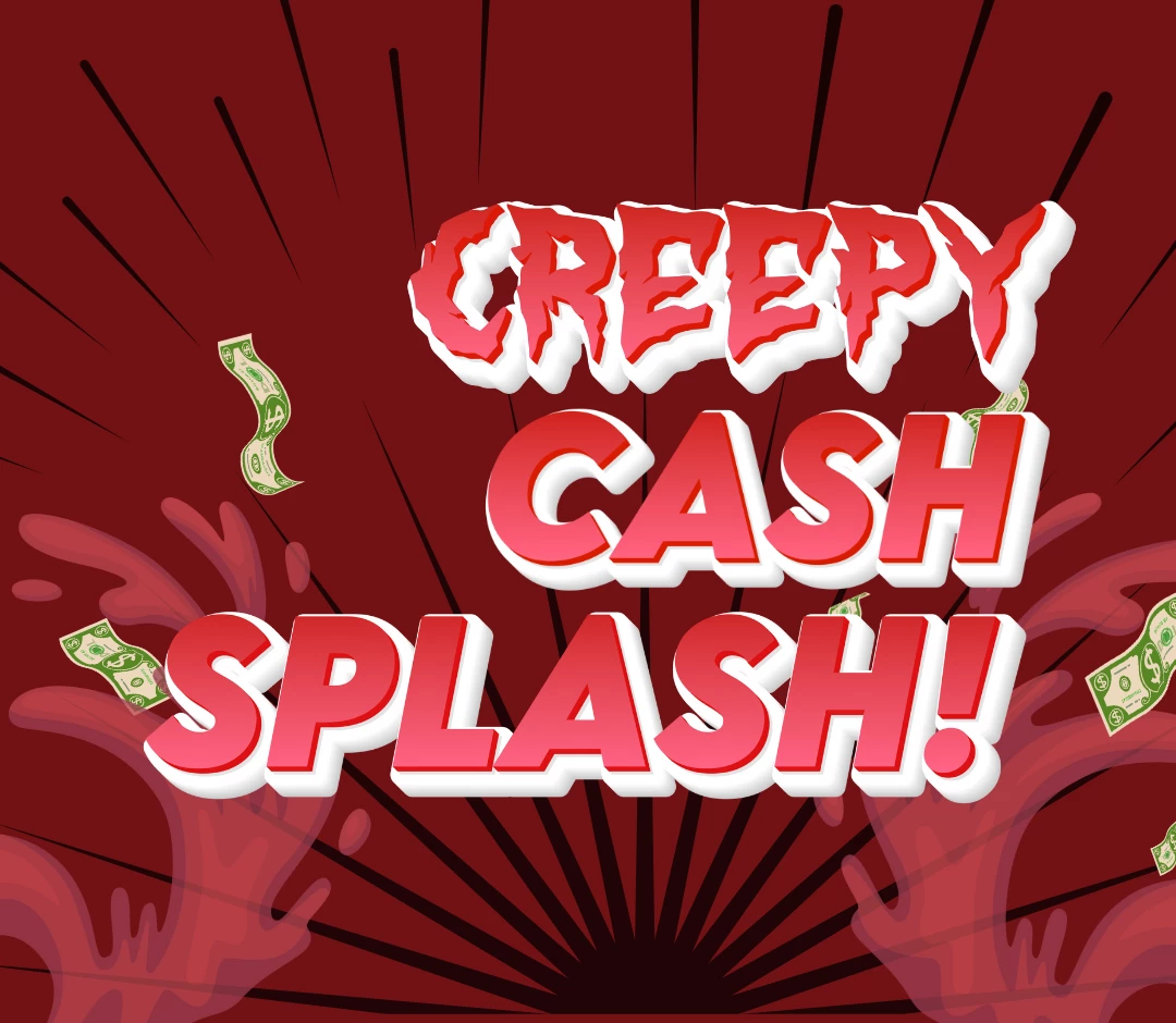 a red and white text with money falling out of it