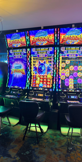 a row of slot machines in a casino