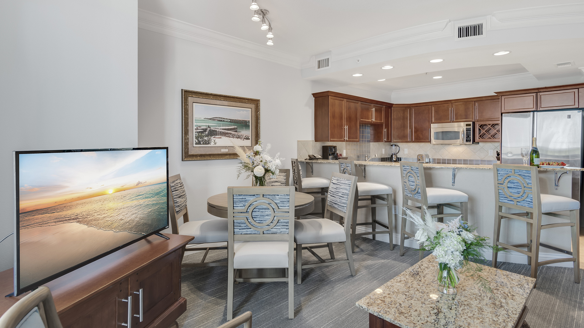 a room with a television and a table