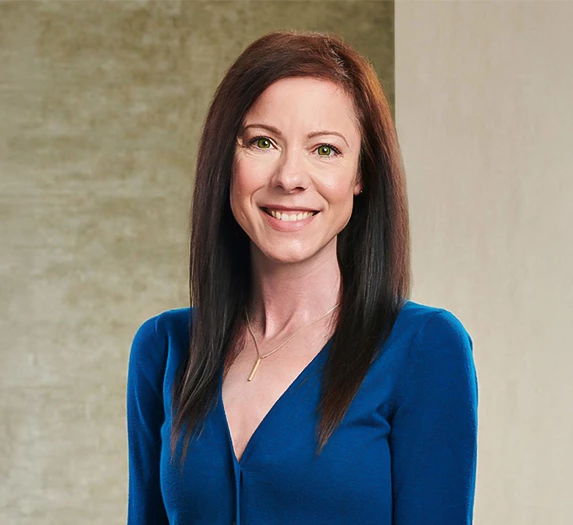 a woman in a blue shirt