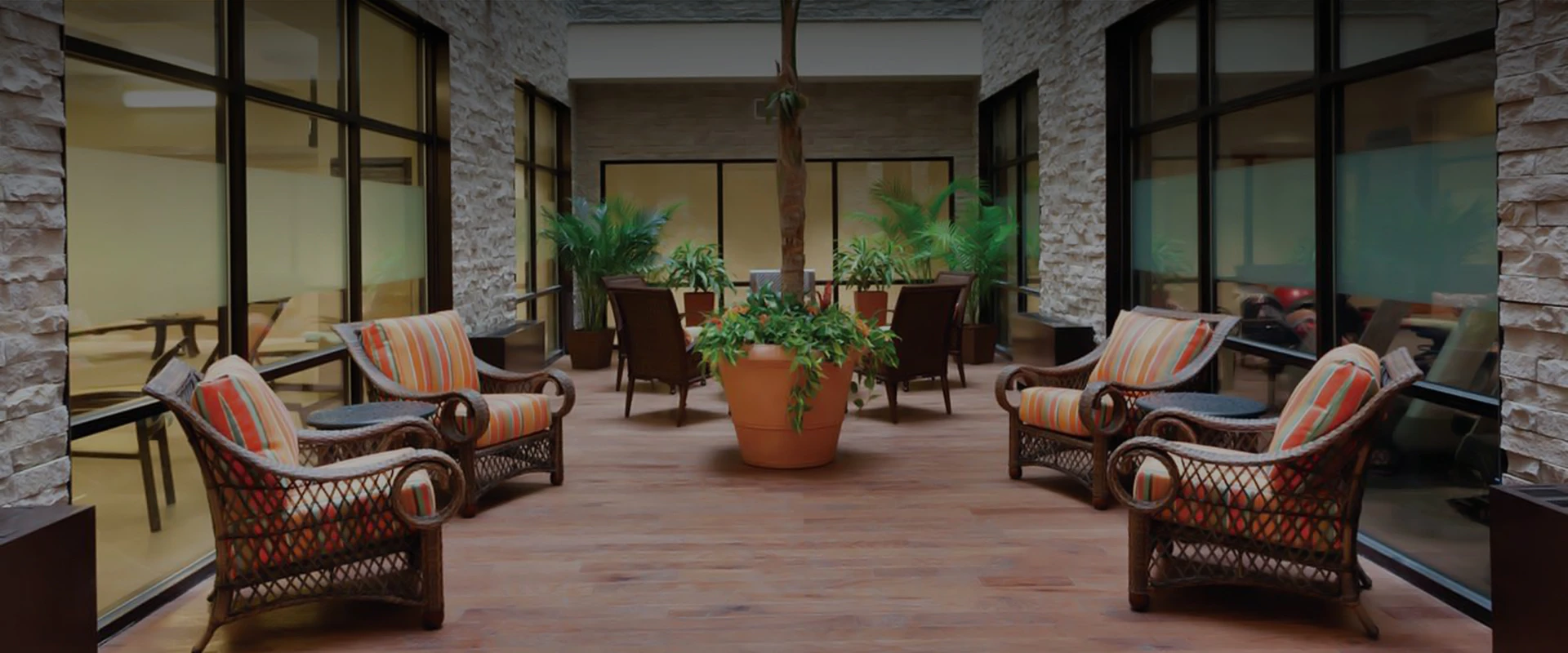 a patio with chairs and a tree