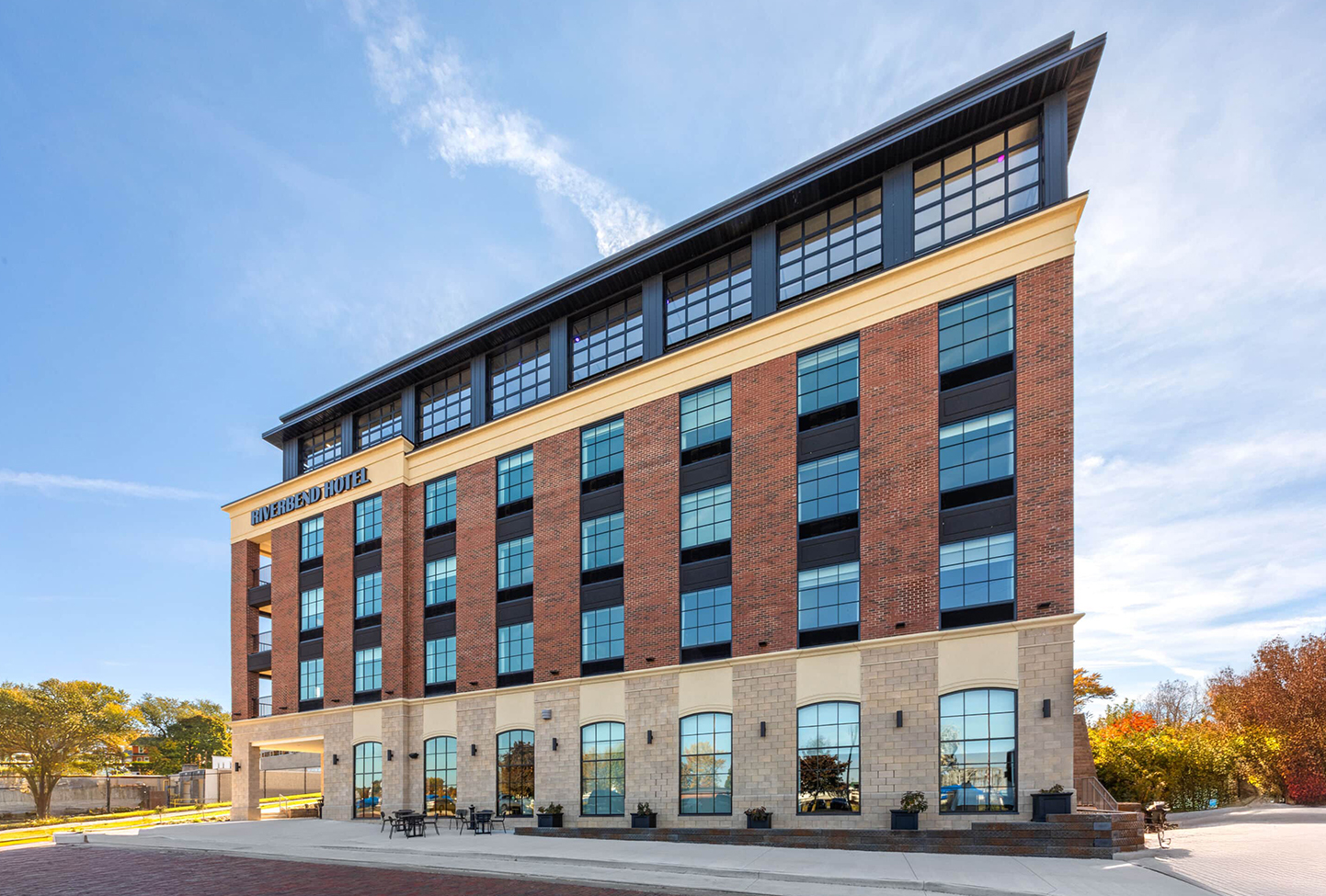 a large brick building with a large roof