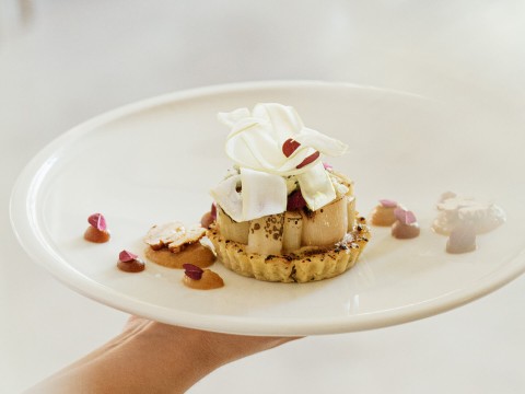 a plate of food on a white surface