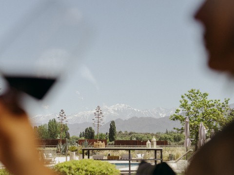 a view of a pool and mountains from a window