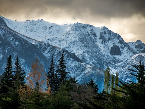 a snowy mountain with trees and a cloudy sky