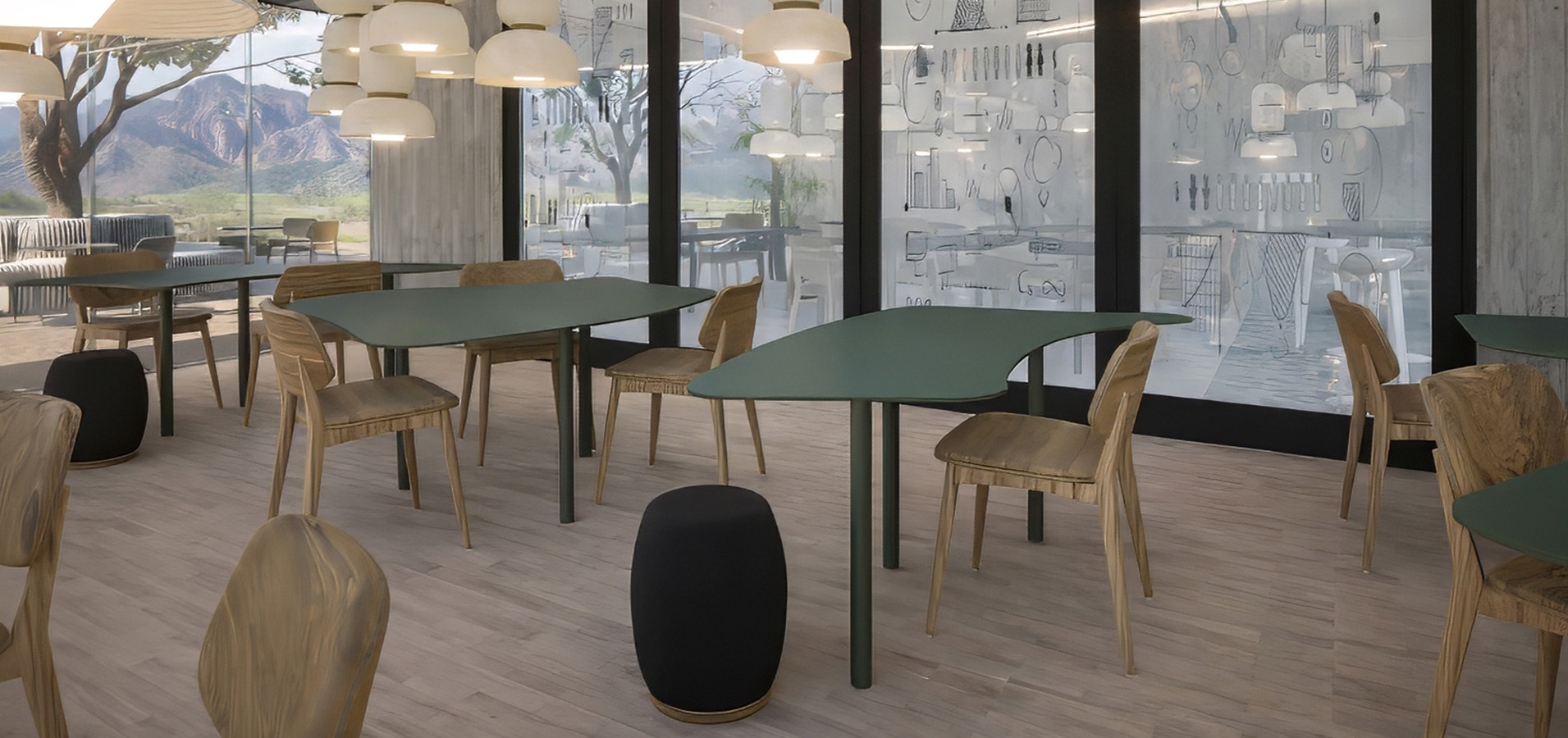 a room with a table and chairs