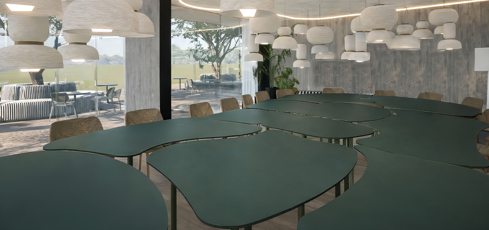a room with tables and chairs