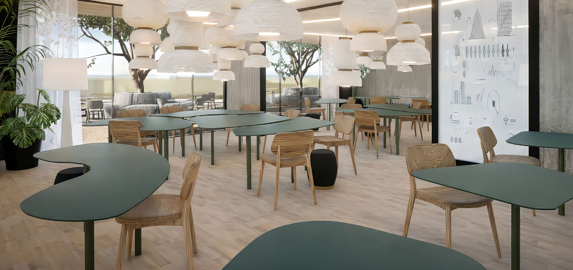 a room with tables and chairs