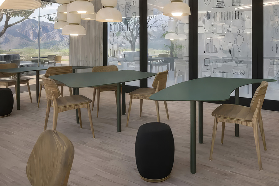 a room with tables and chairs
