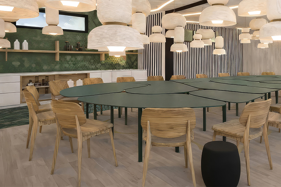 a room with a table and chairs