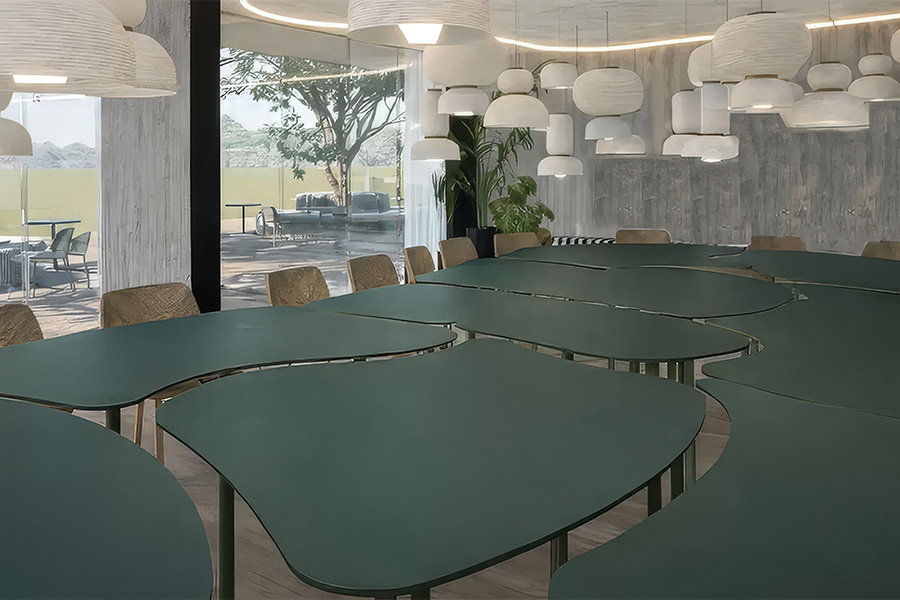 a room with a large table and chairs