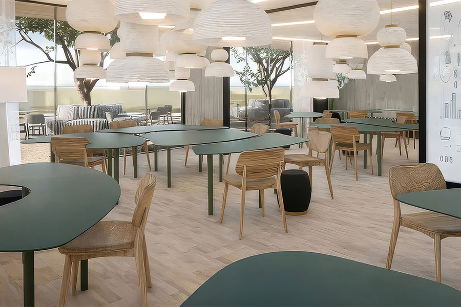 a room with tables and chairs