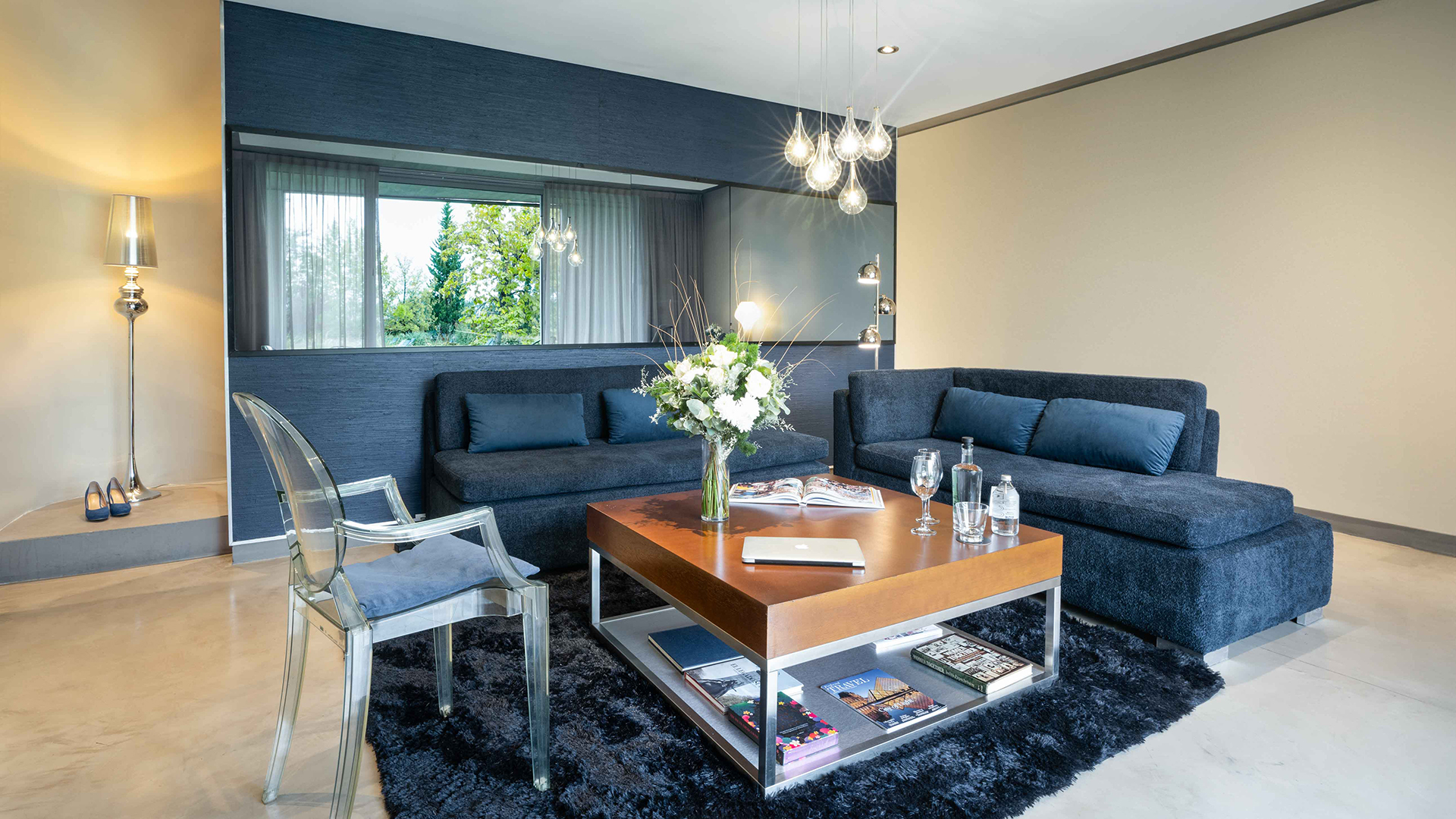 a living room with a couch and a coffee table