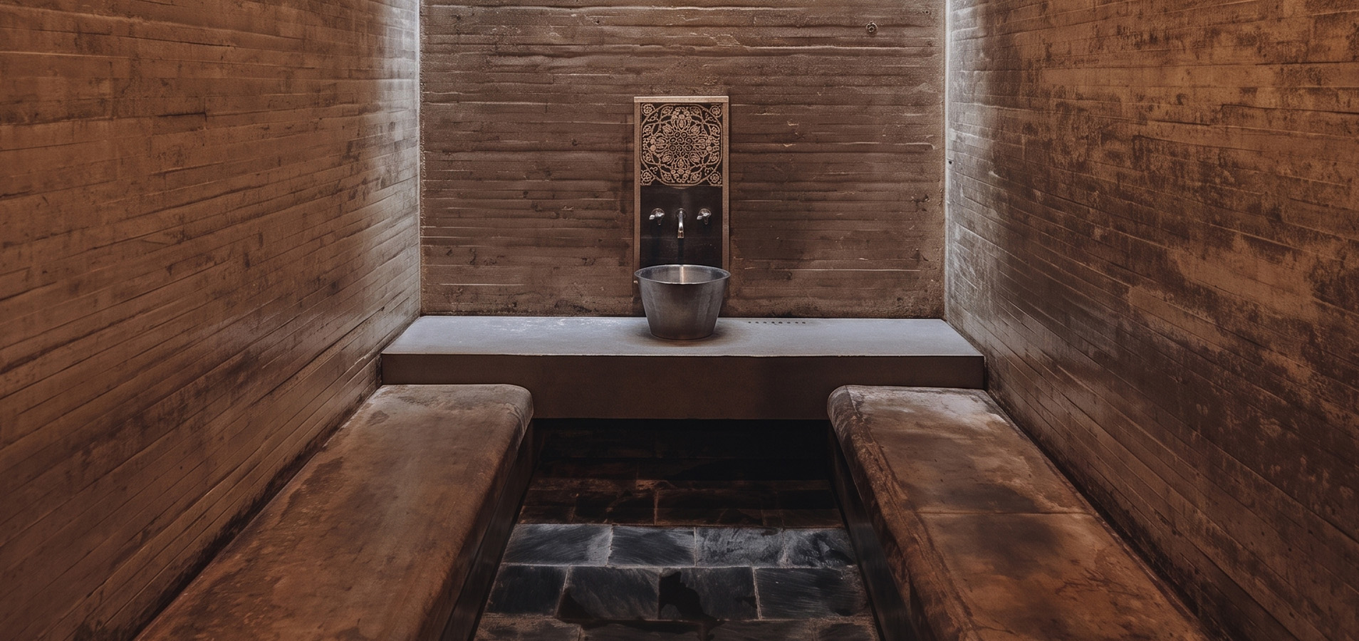 a metal bowl on a bench in a room