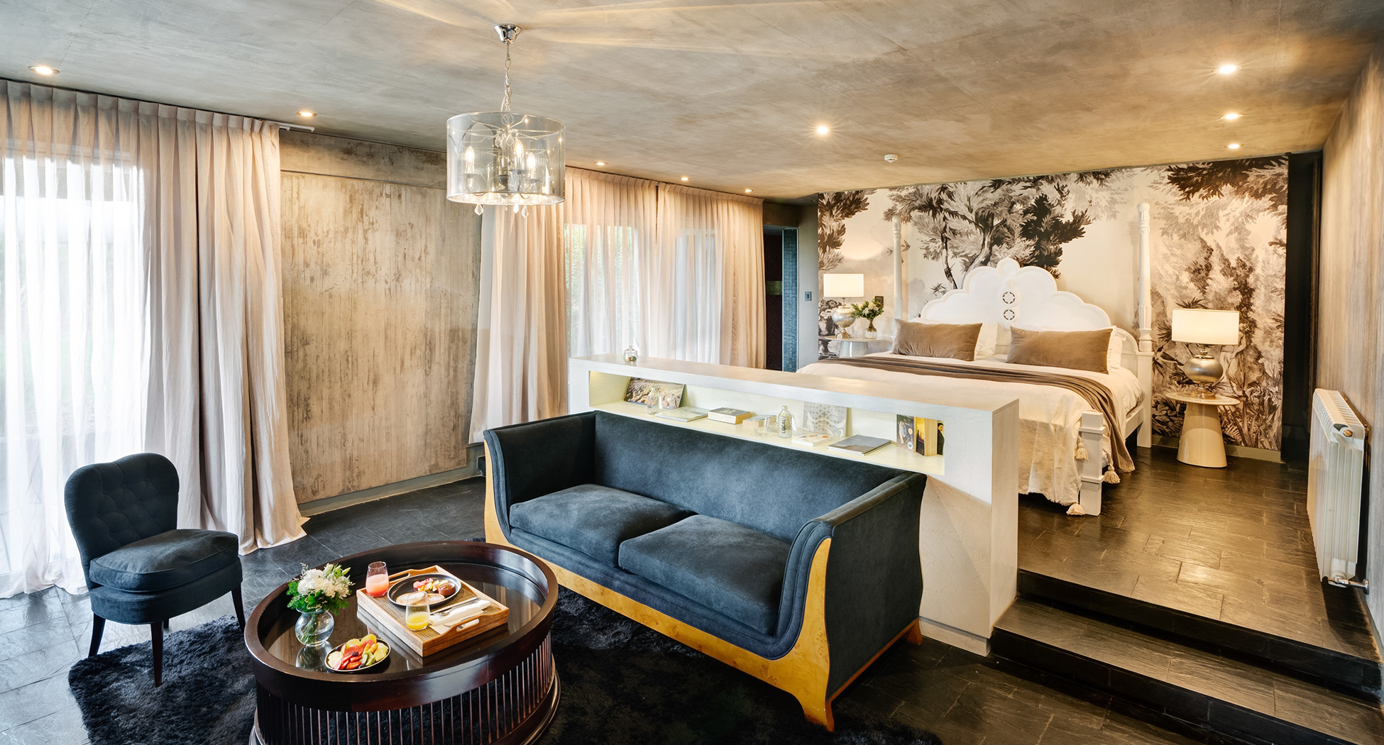 a room with a couch and a table