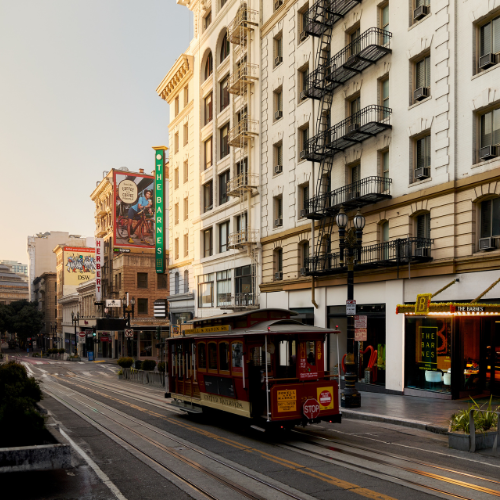 a trolley on a street in a city