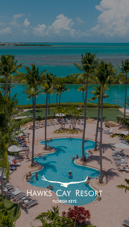a pool with palm trees and people in it
