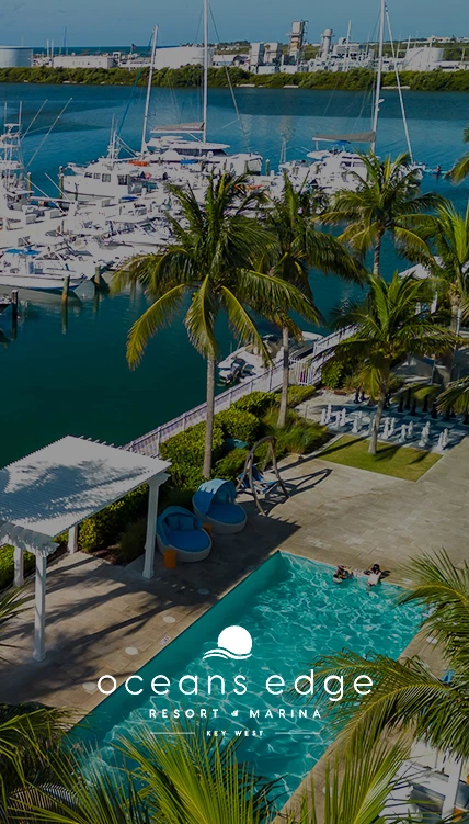 a pool with palm trees and boats in the background