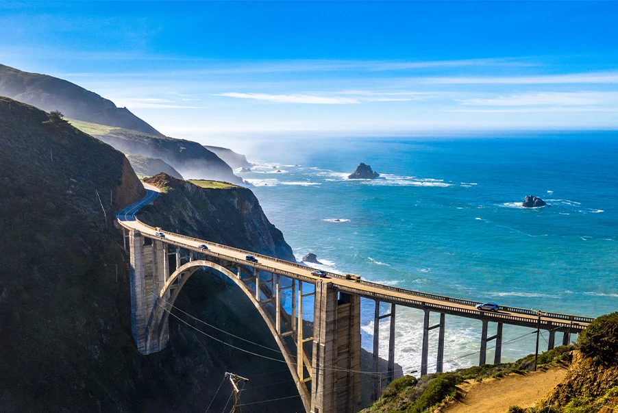 aerial view of a bridge in big sur next to the ocean