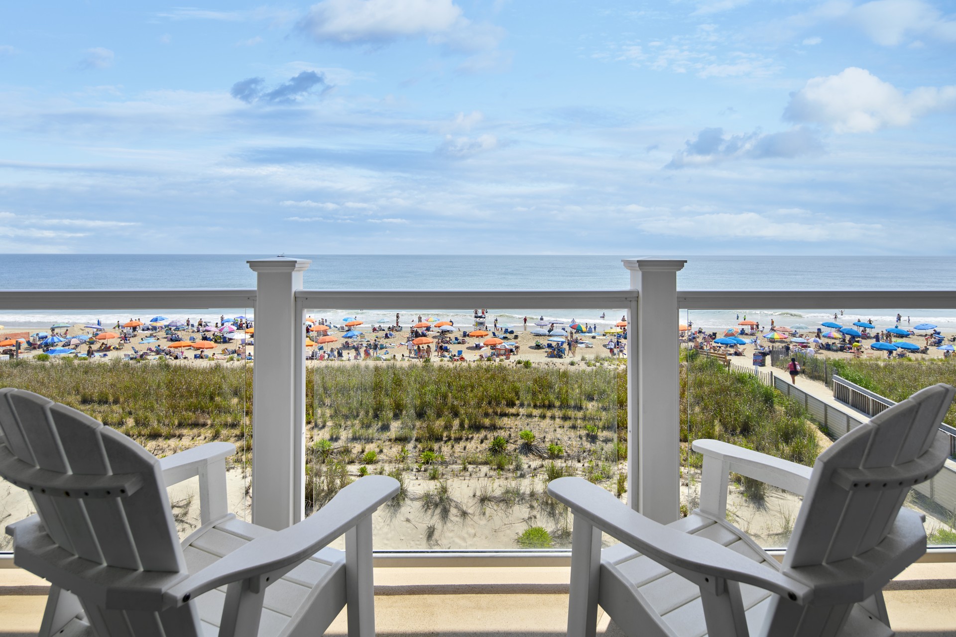 a view of a beach from a balcony