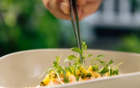 a person holding a pair of tweezers over a food dish