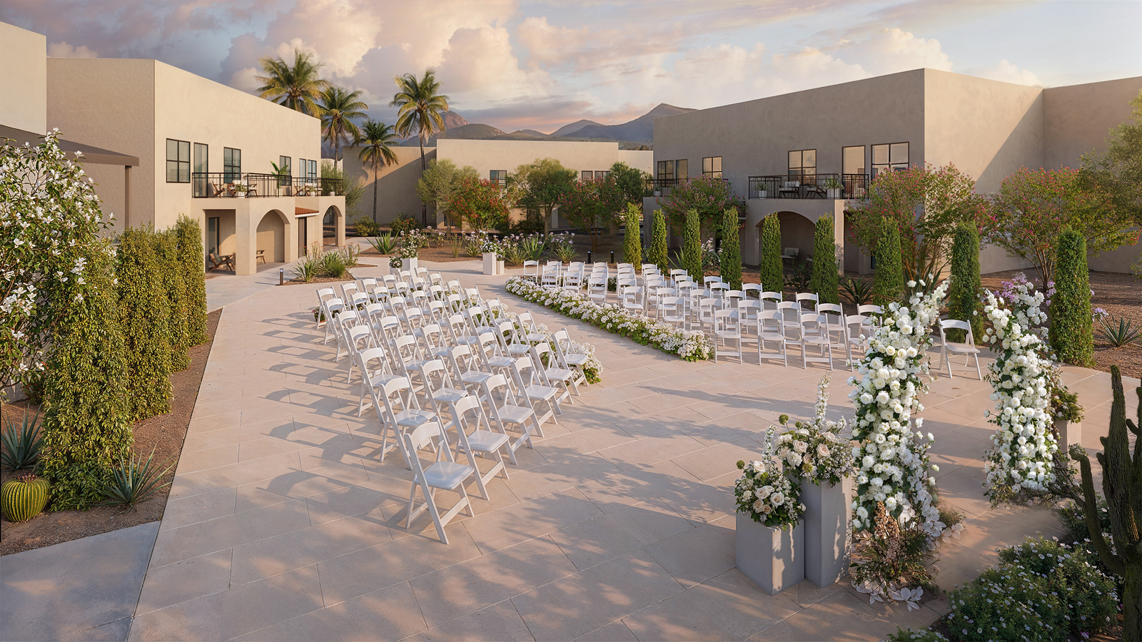 a group of chairs in a courtyard
