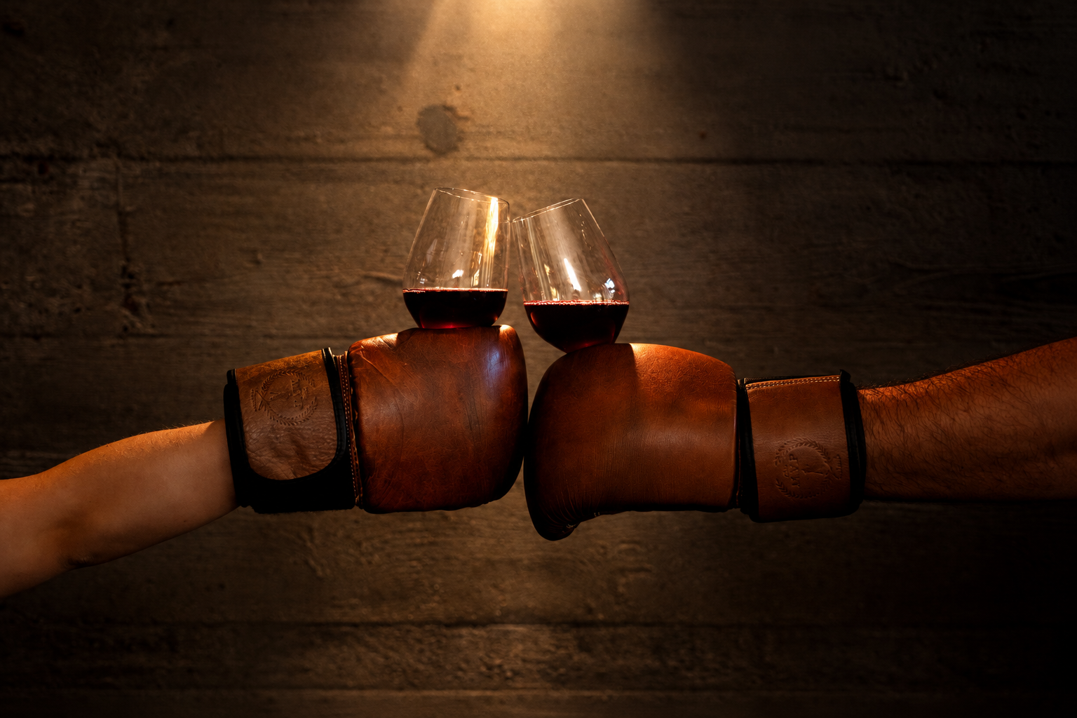 two hands in boxing gloves holding up wine glasses