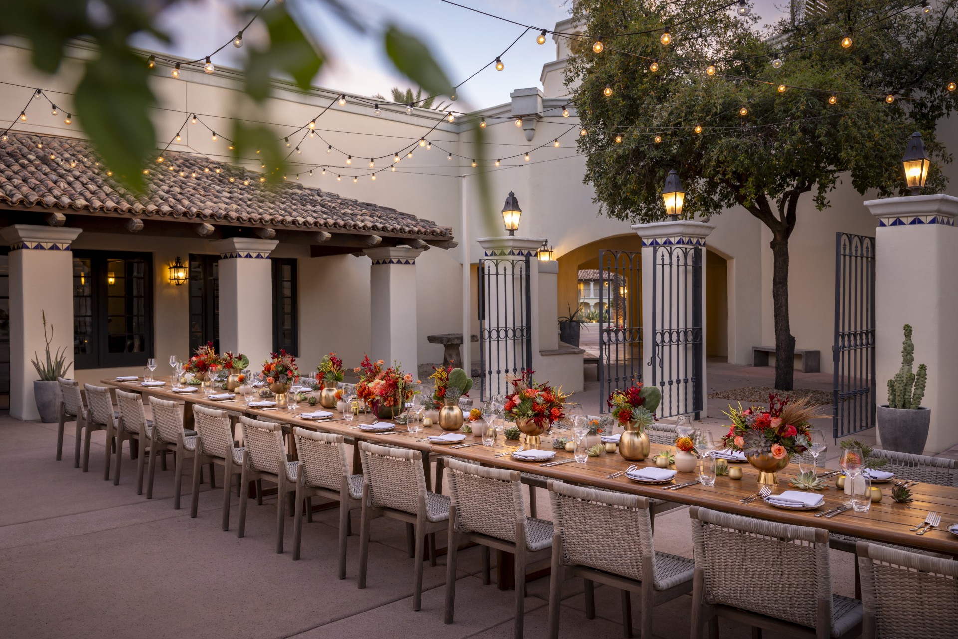 a long table set for a dinner party