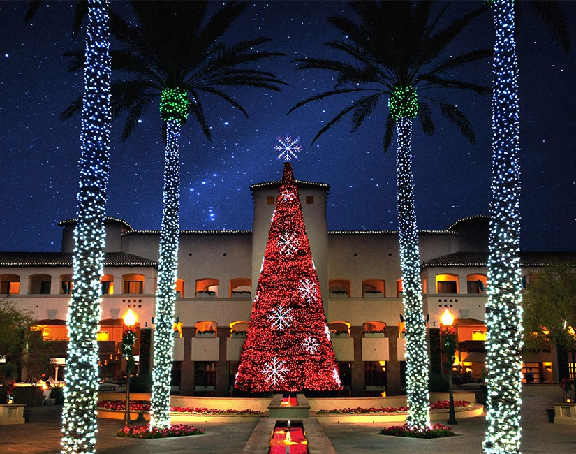 a building with christmas lights