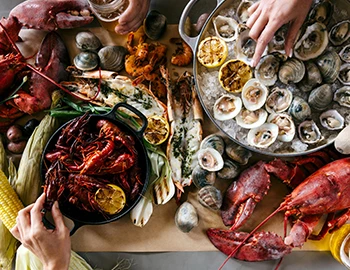 aerial view of a table with seafood