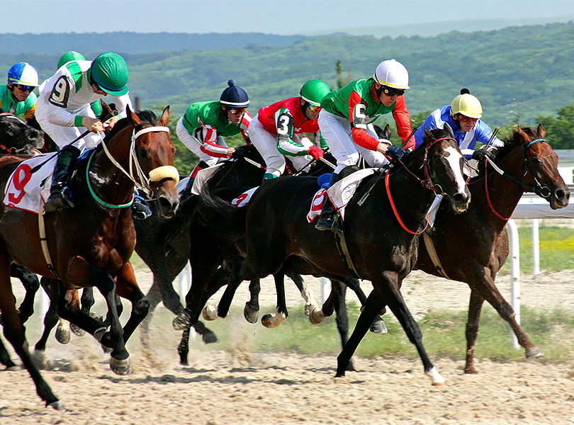 a group of jockeys riding horses