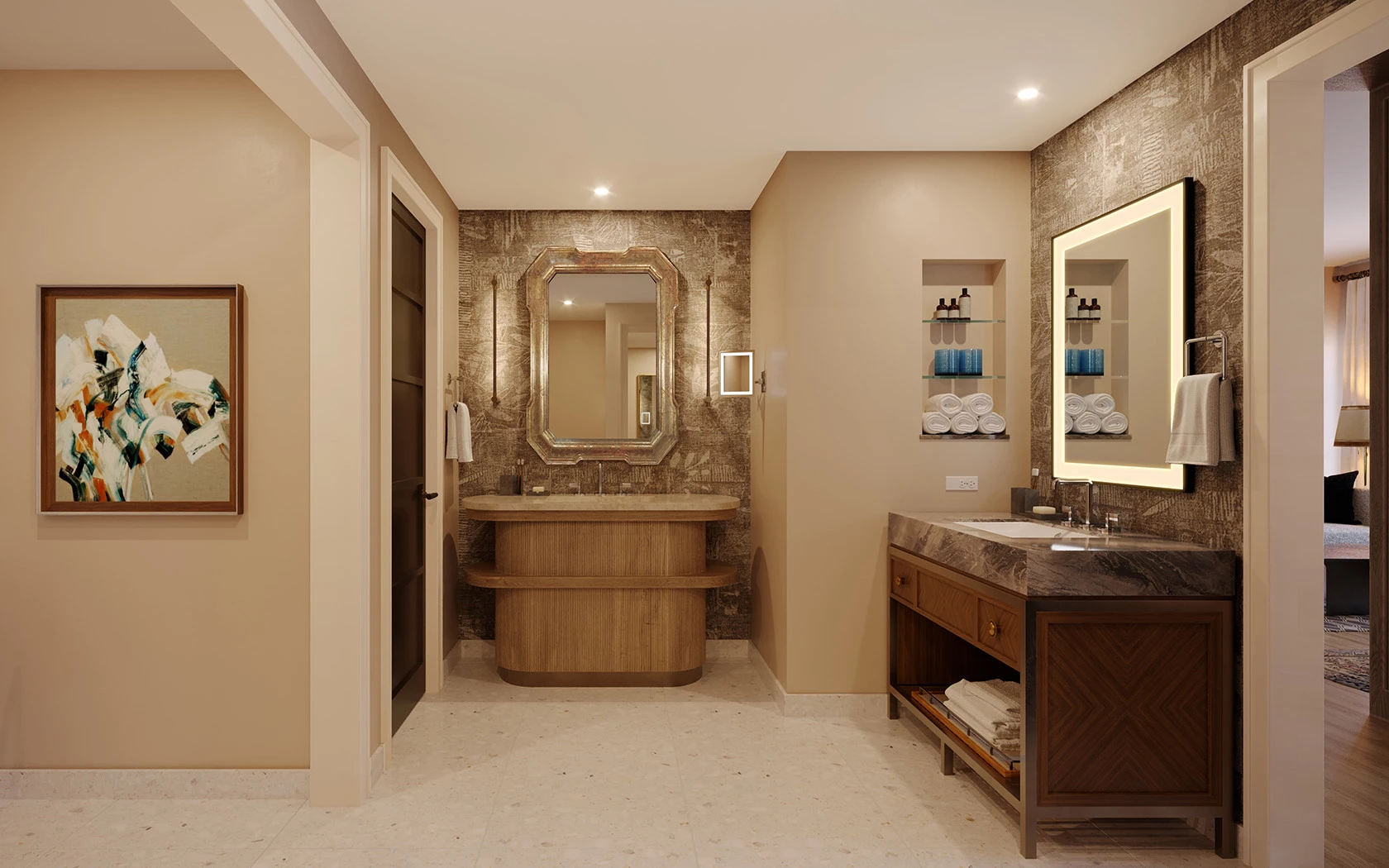 A spacious, brightly lit bathroom with two vanities and broad mirrors 