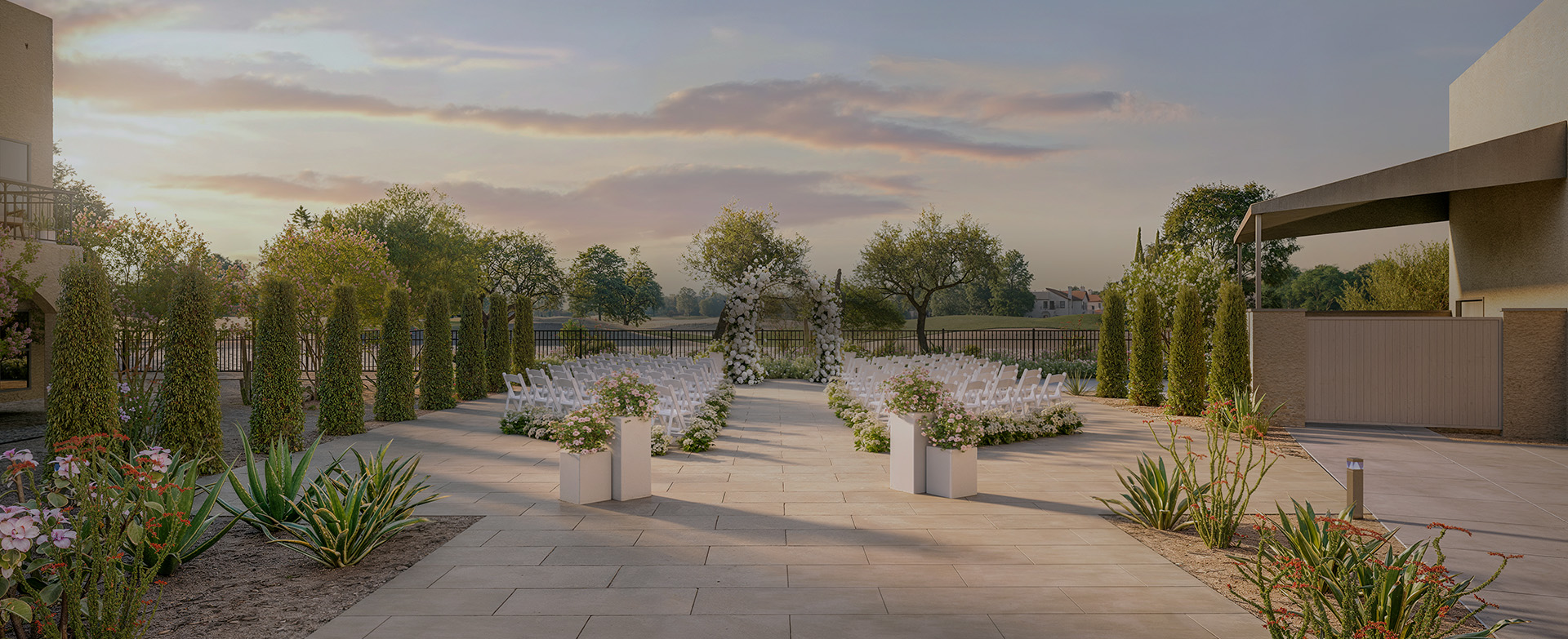 a group of chairs in a courtyard