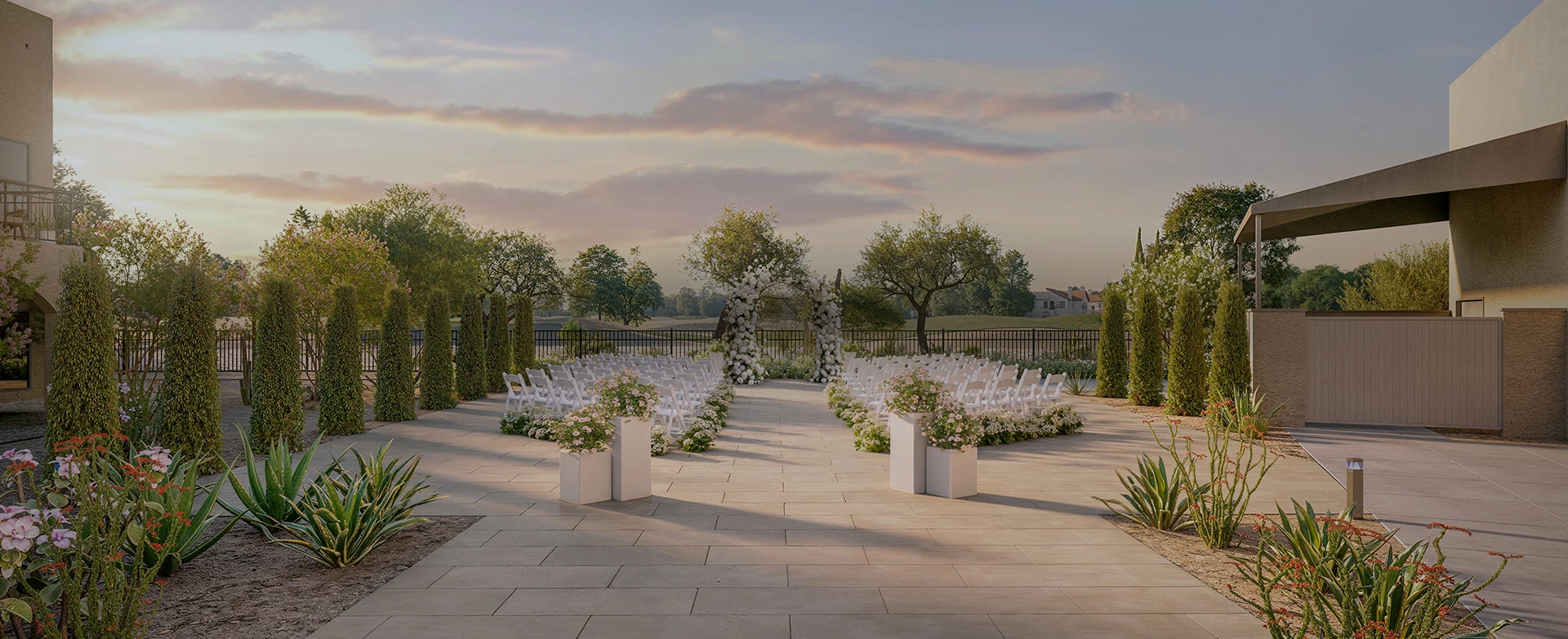 a group of chairs in a courtyard