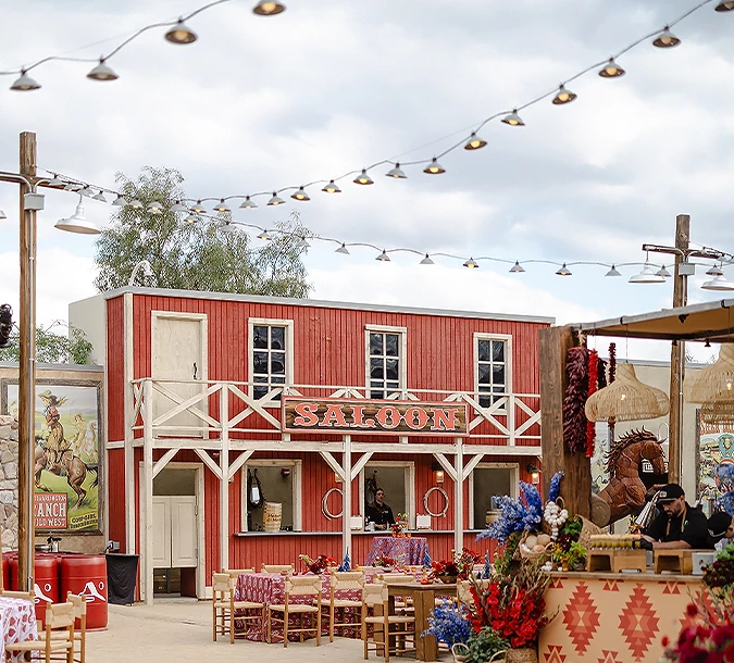 a red building with a horse on it