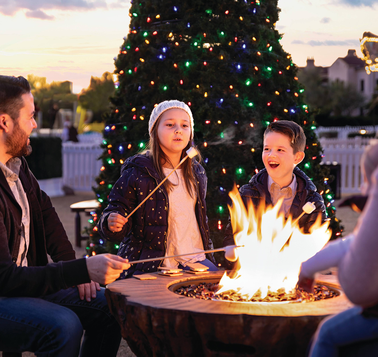 A family sitting around a fire pit at sunset making smores