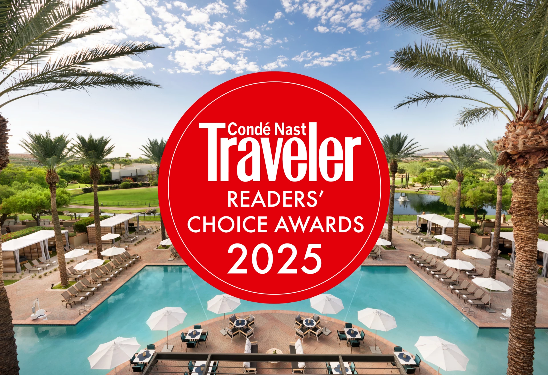 a pool with umbrellas and chairs and a pool with palm trees