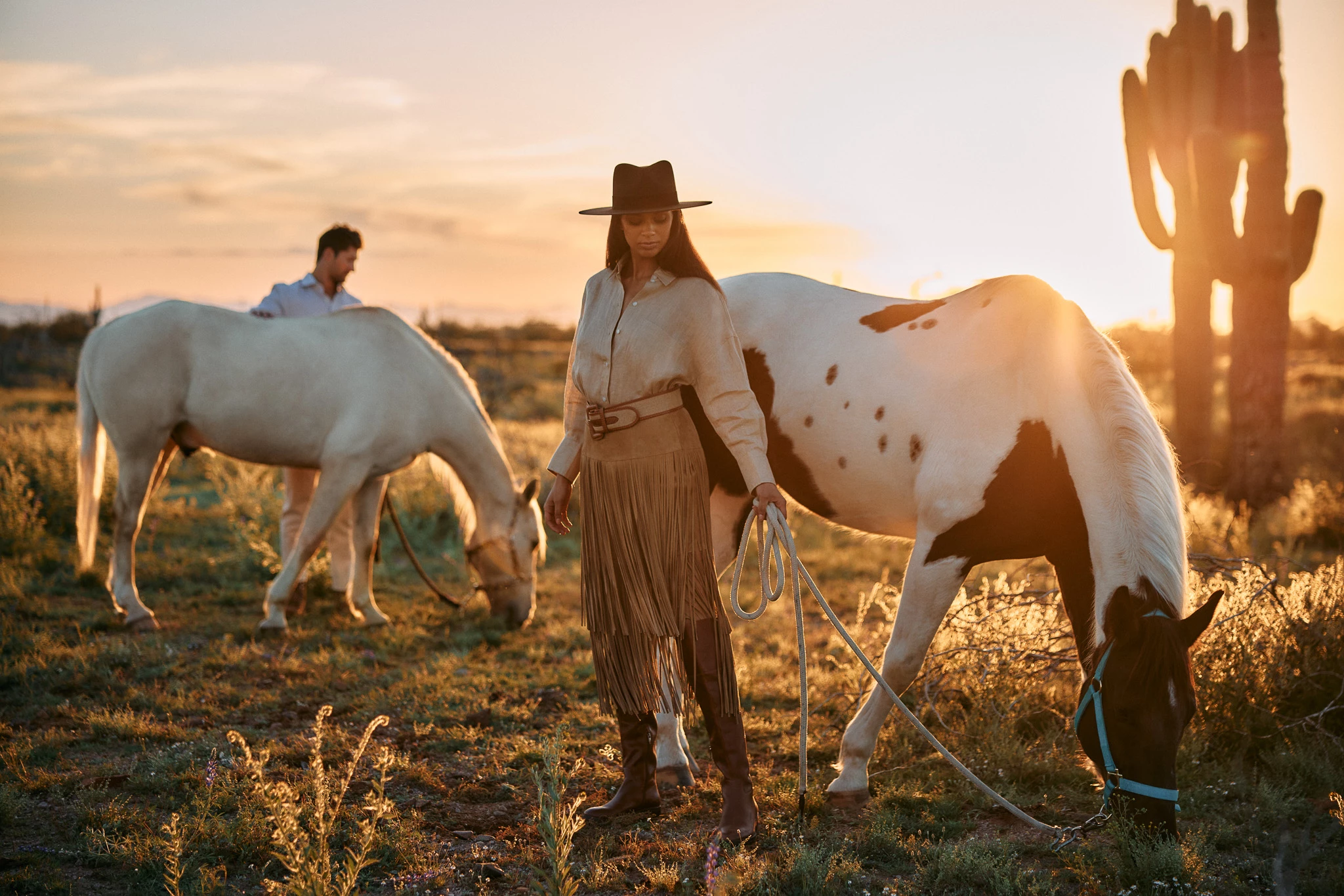 a person with a hat and a couple of horses