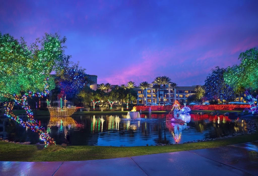 a pond with christmas lights and trees