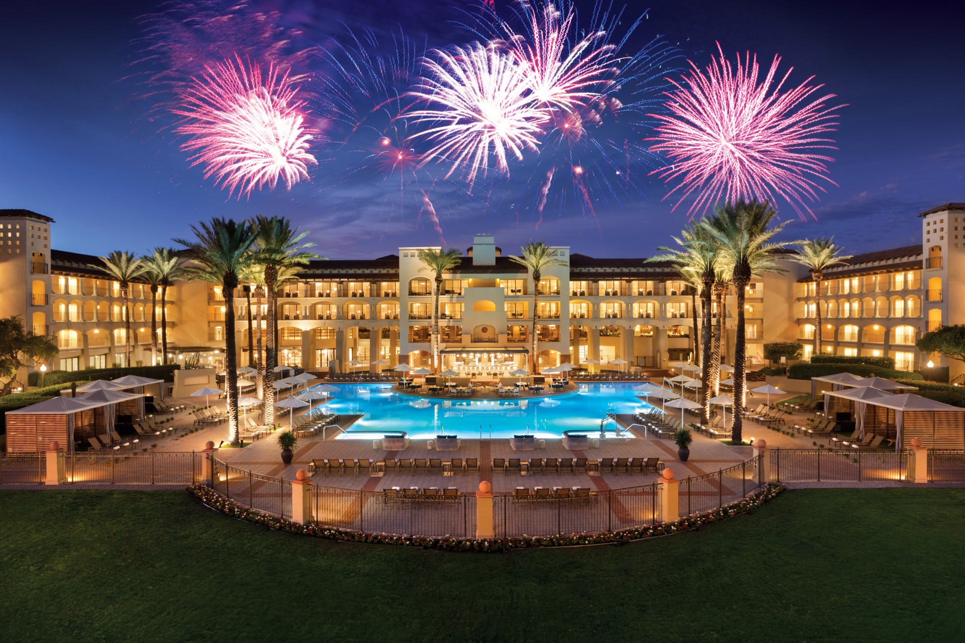fireworks over a hotel