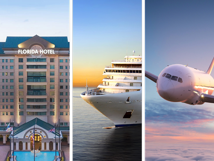 a collage of Florida hotel, a cruise ship and an airplane