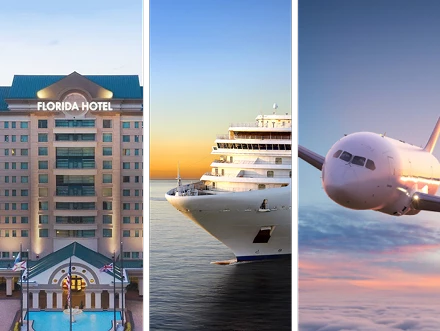 a collage of Florida hotel, a cruise ship and an airplane