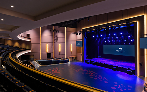 a stage with lights and a screen