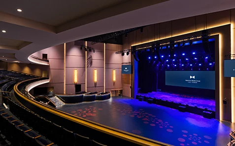 a stage with lights and a screen