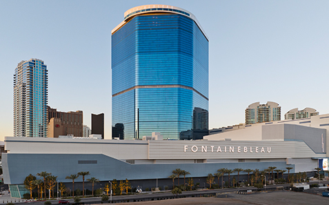 a large blue and white building